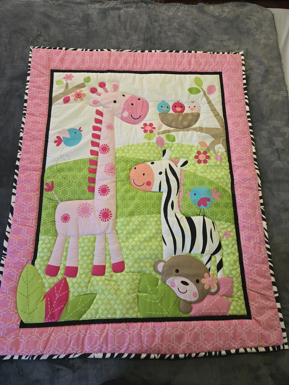 Pink & Green Baby Safari Quilt with Giraffe, Zebra and Monkey
